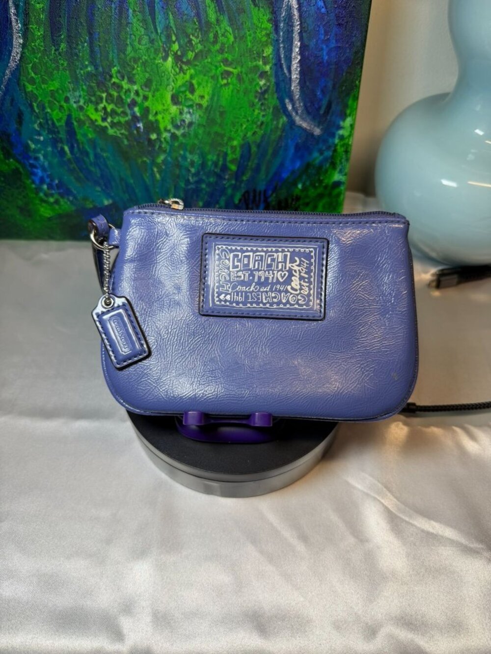 Coach Poppy Purple Mini Wristlet With Pink Lining & Zip Closure EUC